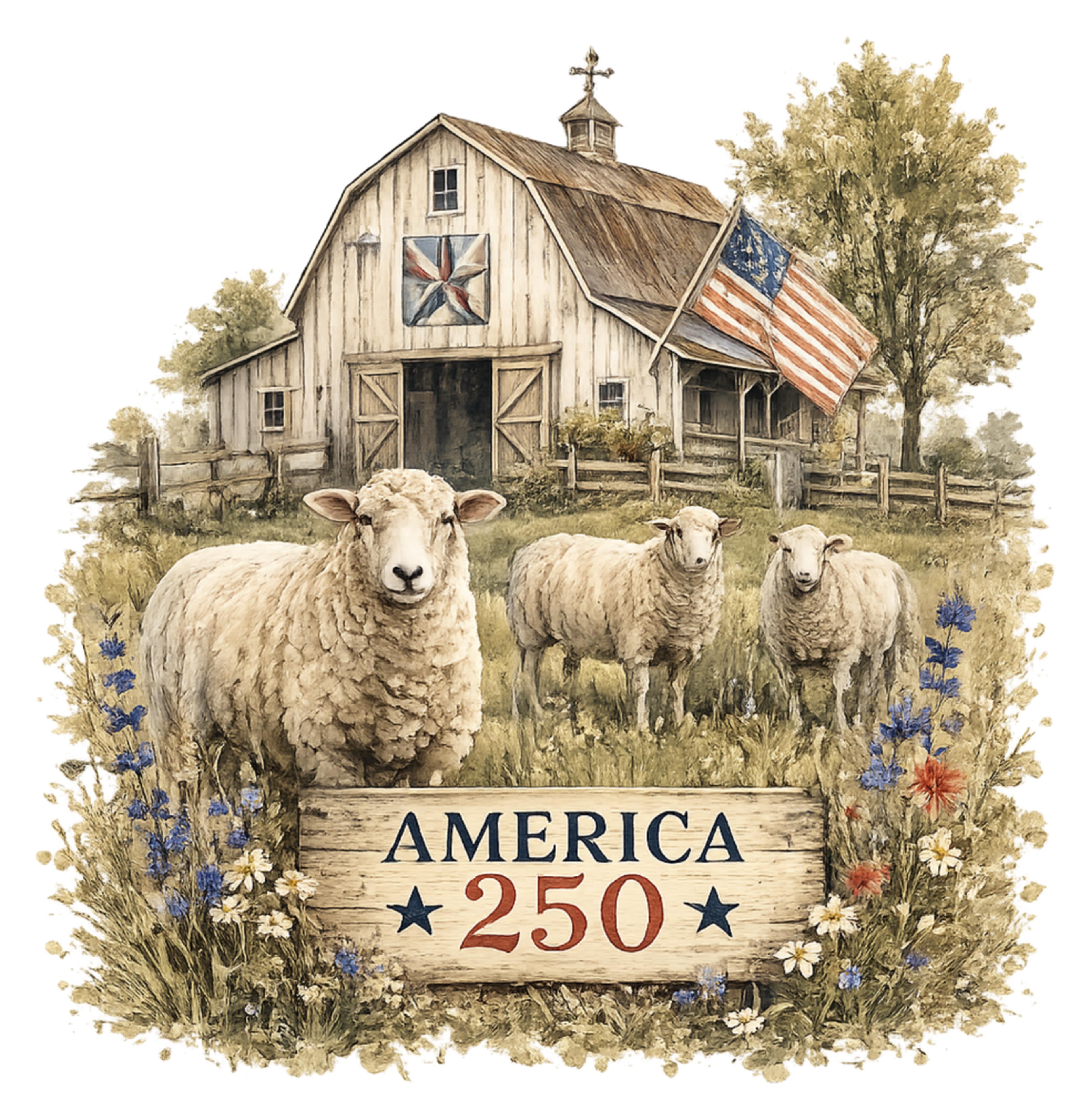 America 250 Farmhouse Tea Towel with watercolor barn and sheep illustration by BirchCroft Mercantile