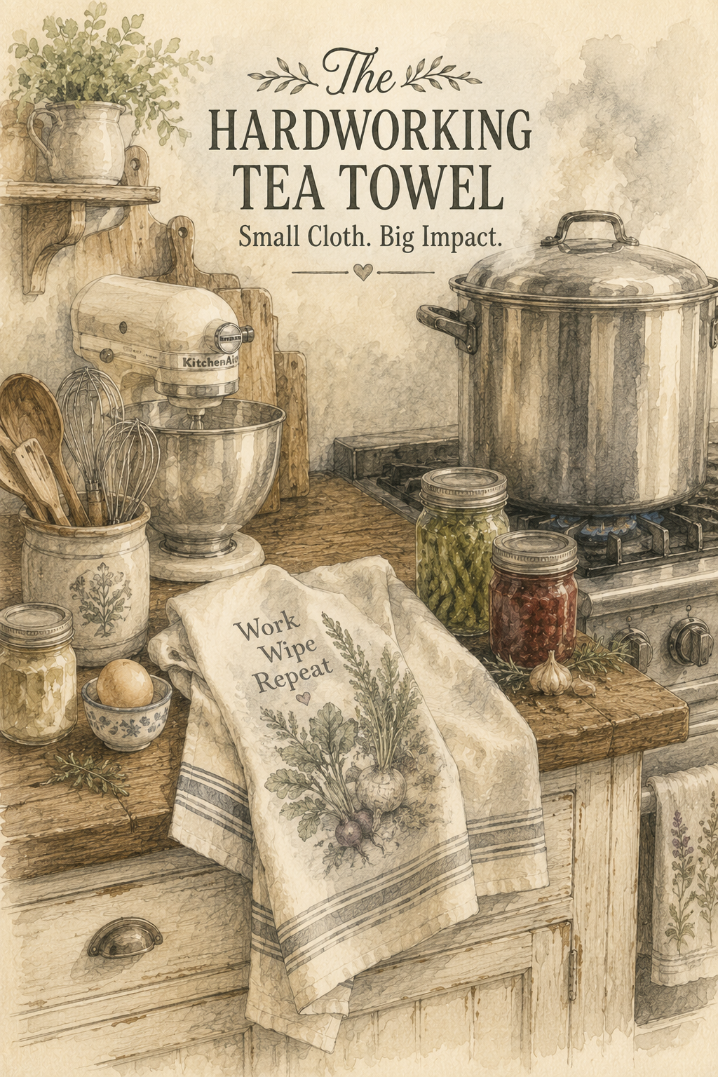A neatly folded linen tea towel on a farmhouse kitchen counter, surrounded by fresh produce and rustic kitchen tools