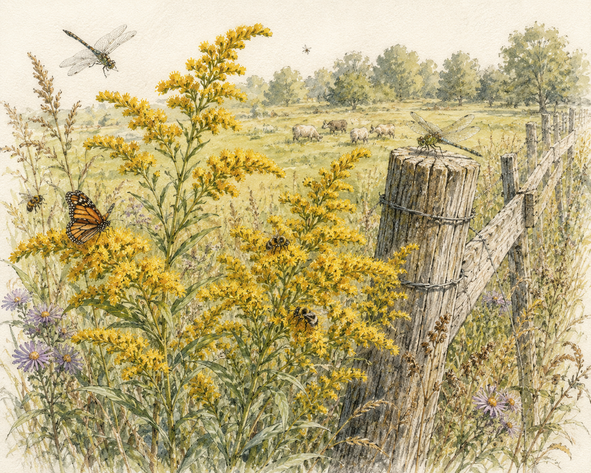 Goldenrod blooming in golden late-summer light along a rustic Michigan fence line