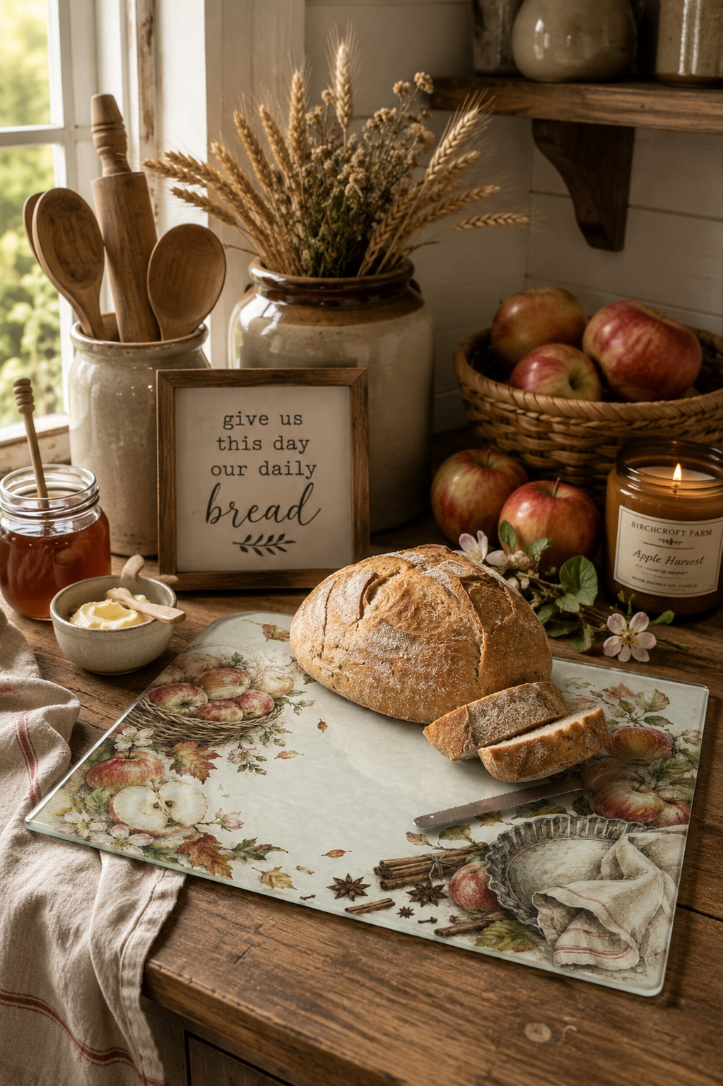Apple Harvest Glass Cutting Board styled as part of a cozy farmhouse bread station with seasonal autumn accents