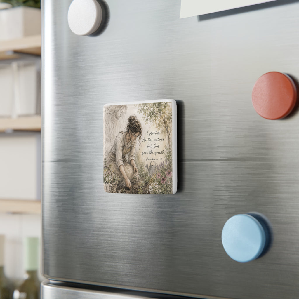 Gardening with God Porcelain Magnet | Square Christian Scripture Art