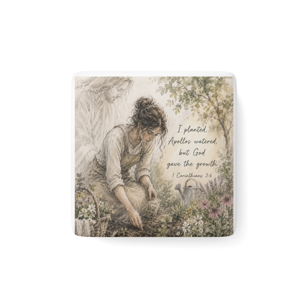 Gardening with God Porcelain Magnet | Square Christian Scripture Art