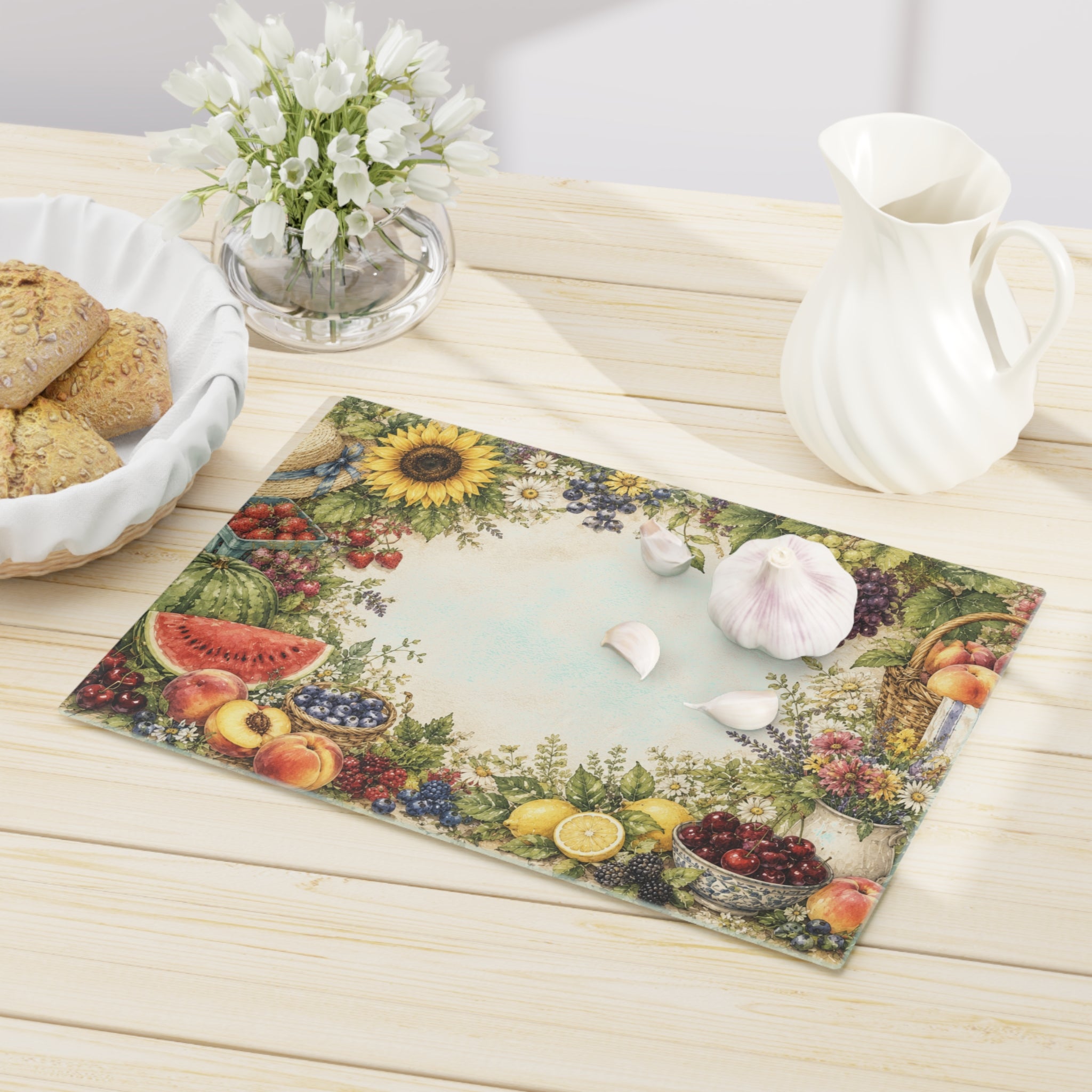 Sunflower and Fruit Cutting Board | Vintage Fruit Kitchen Decor