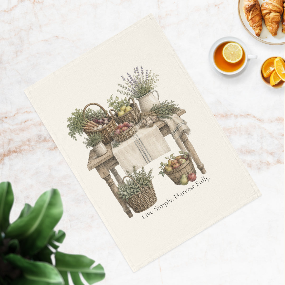 Live Simply Harvest Fully Cotton Tea Towel | Farmhouse Harvest Kitchen Decor