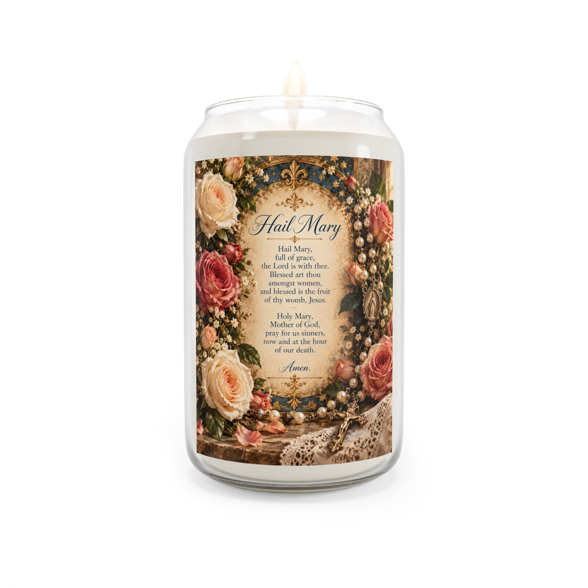 Hail Mary Prayer Soy Candle — 13.75oz Floral Devotional Candle