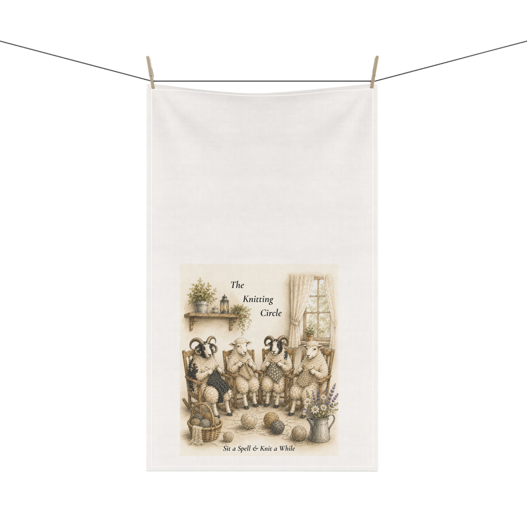 The Knitting Circle Tea Towel | Sheep Knitting Illustration