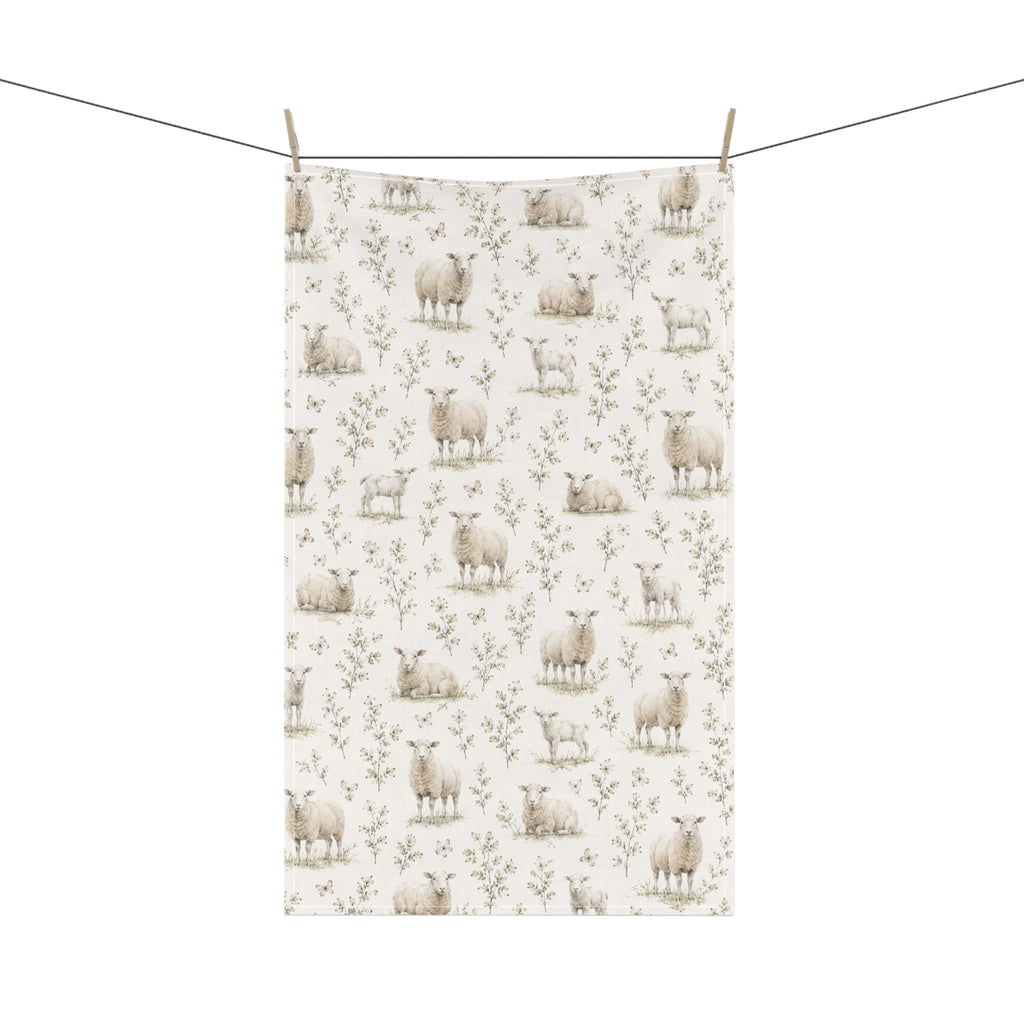 Sheep Meadow Tea Towel – Pencil Watercolor Farmhouse Kitchen Towel