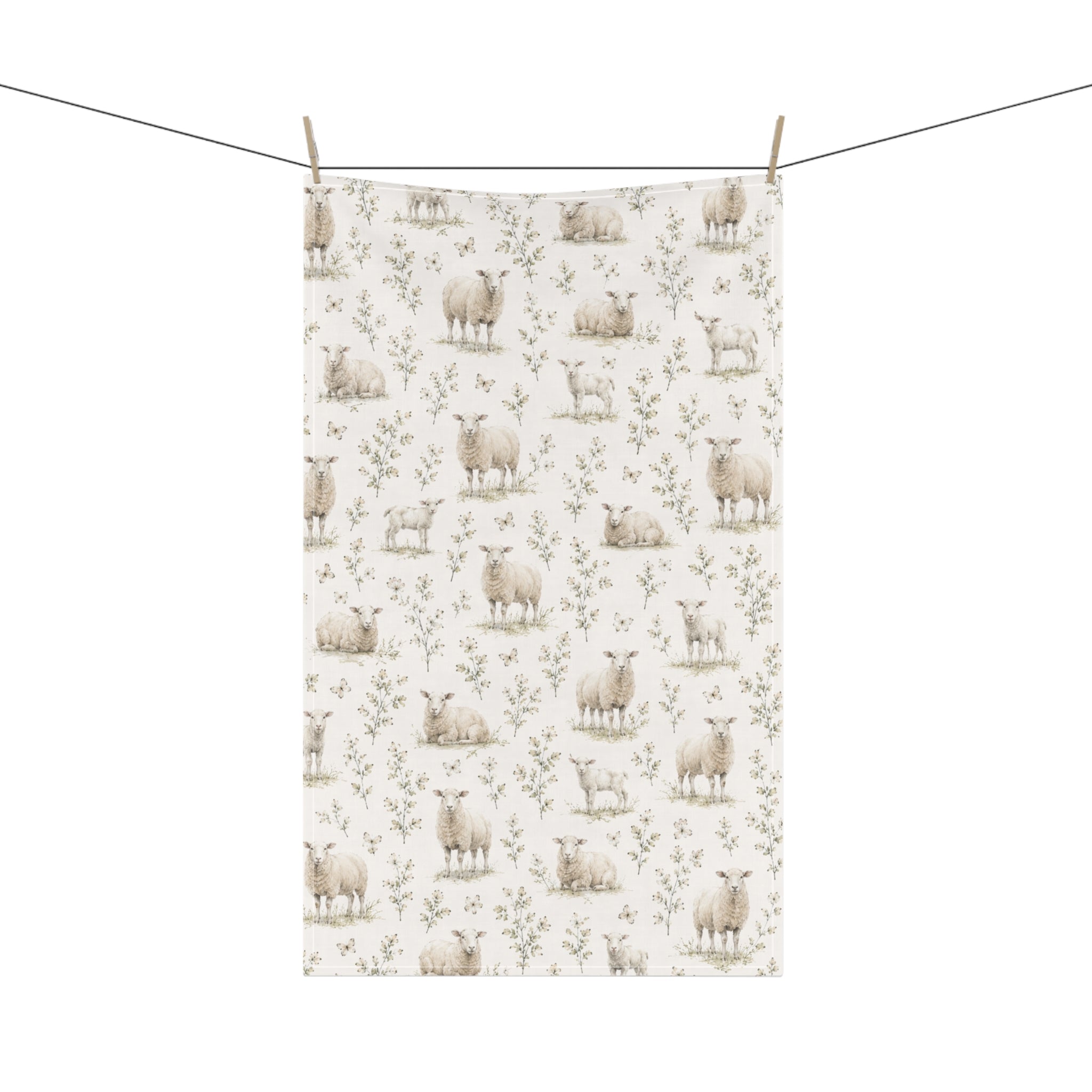 Sheep Meadow Tea Towel – Pencil Watercolor Farmhouse Kitchen Towel