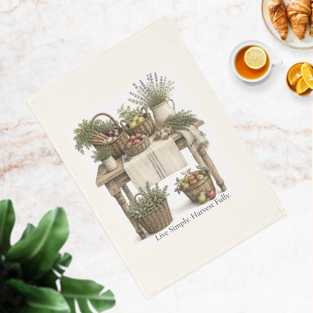 Live Simply Harvest Fully Cotton Tea Towel | Farmhouse Harvest Kitchen Decor
