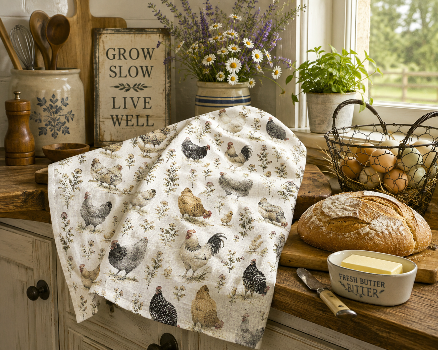 Farmhouse Chicken Tea Towel — Watercolor Hen Kitchen Towel
