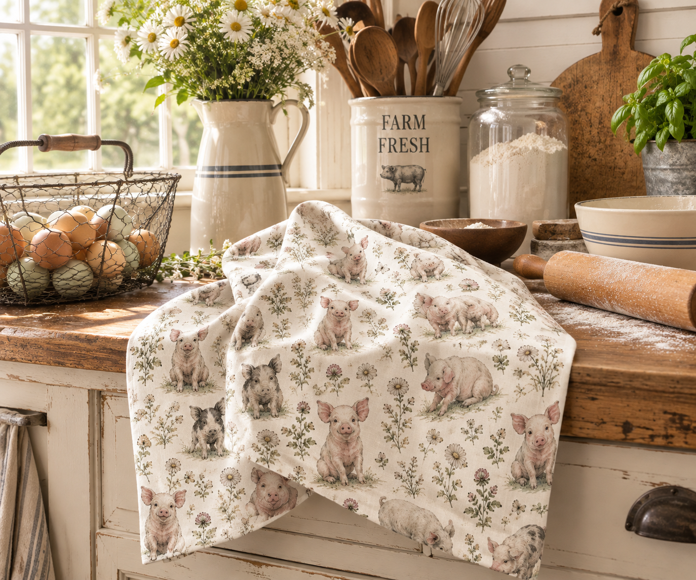 Piglet Pattern Cotton Tea Towel — Farmhouse Kitchen Decor