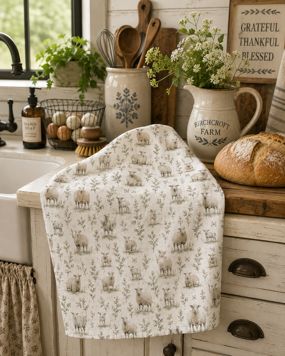Sheep Meadow Tea Towel – Pencil Watercolor Farmhouse Kitchen Towel