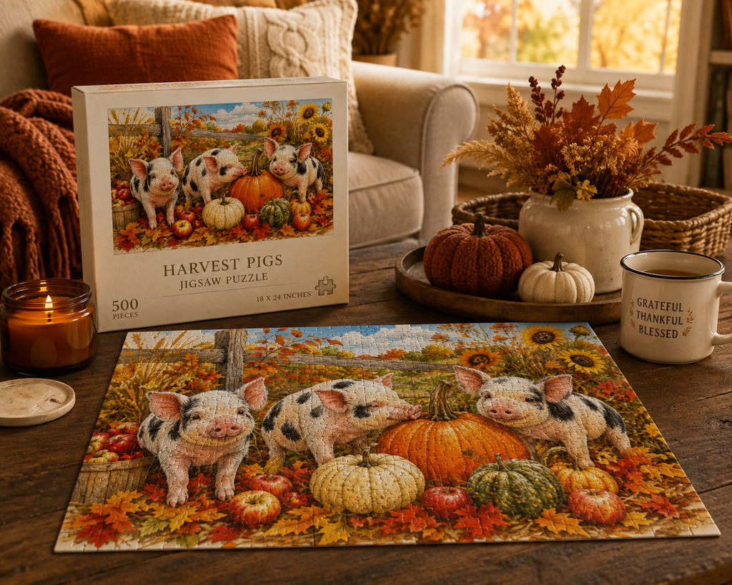 Harvest Piglets Jigsaw Puzzle | Cozy Autumn Farm Puzzle
