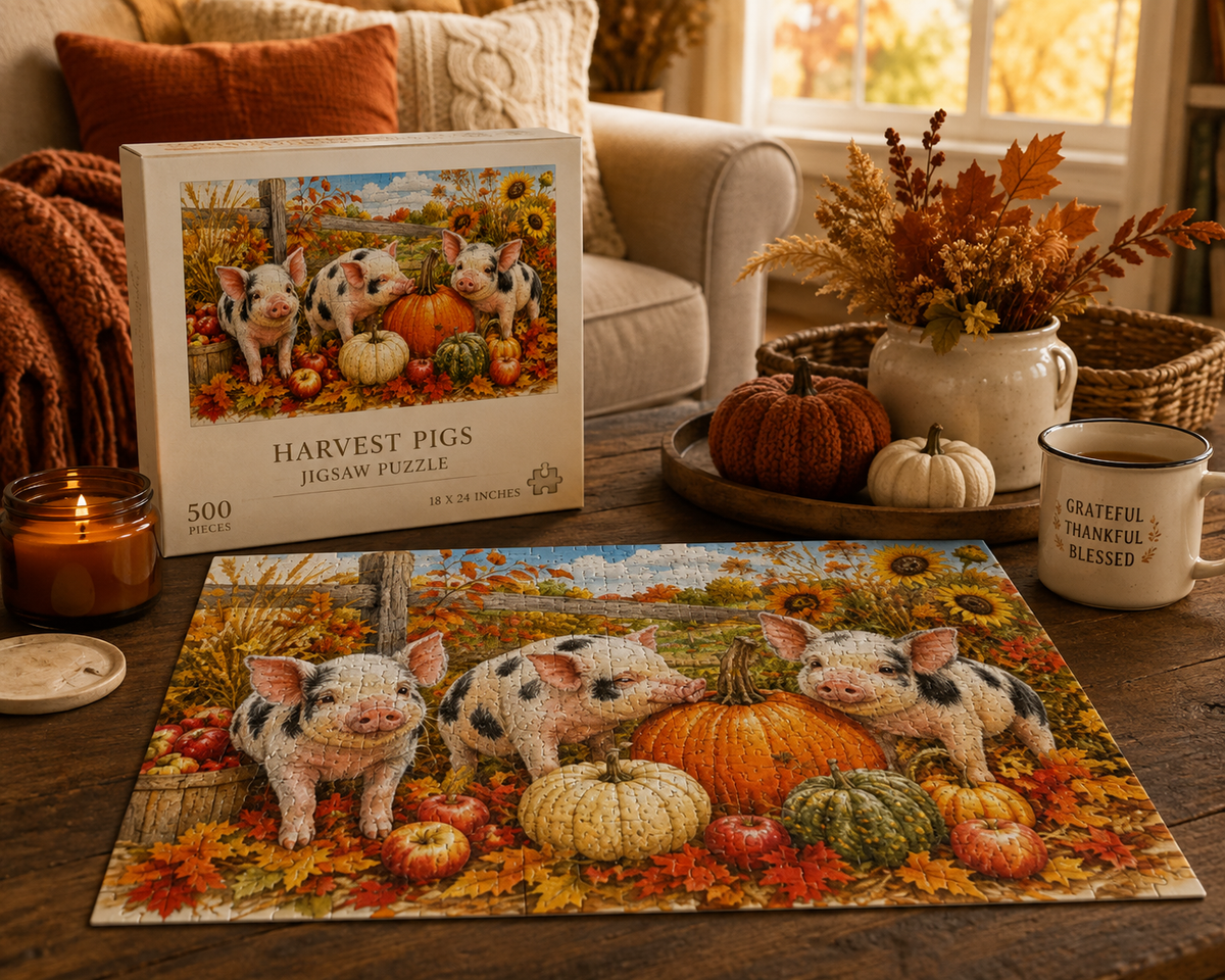 Harvest Piglets Jigsaw Puzzle | Cozy Autumn Farm Puzzle
