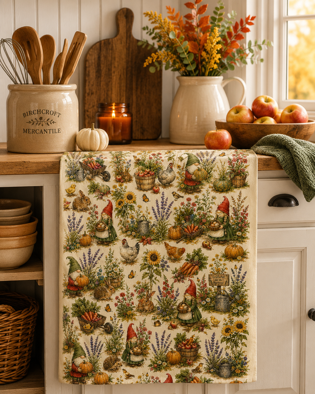 Harvest Helpers Tea Towel | Whimsical Autumn Farmhouse Kitchen Towel