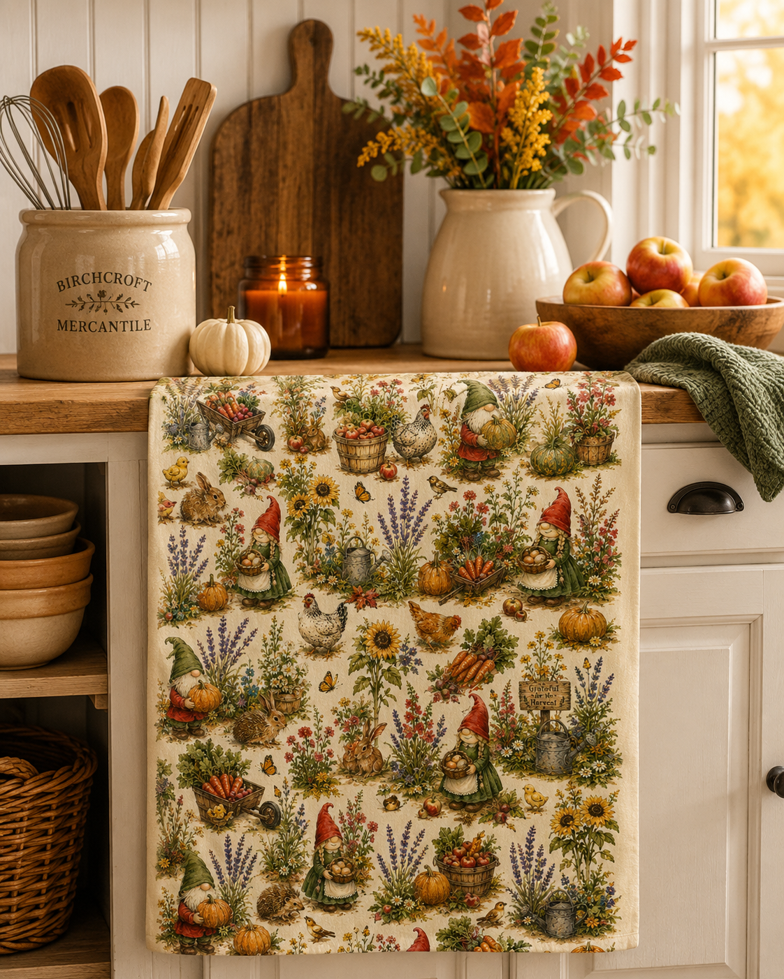 Harvest Helpers Tea Towel | Whimsical Autumn Farmhouse Kitchen Towel