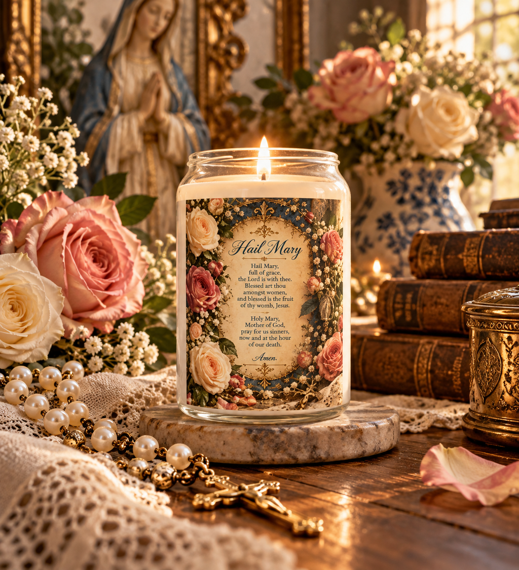 Hail Mary Prayer Soy Candle — 13.75oz Floral Devotional Candle