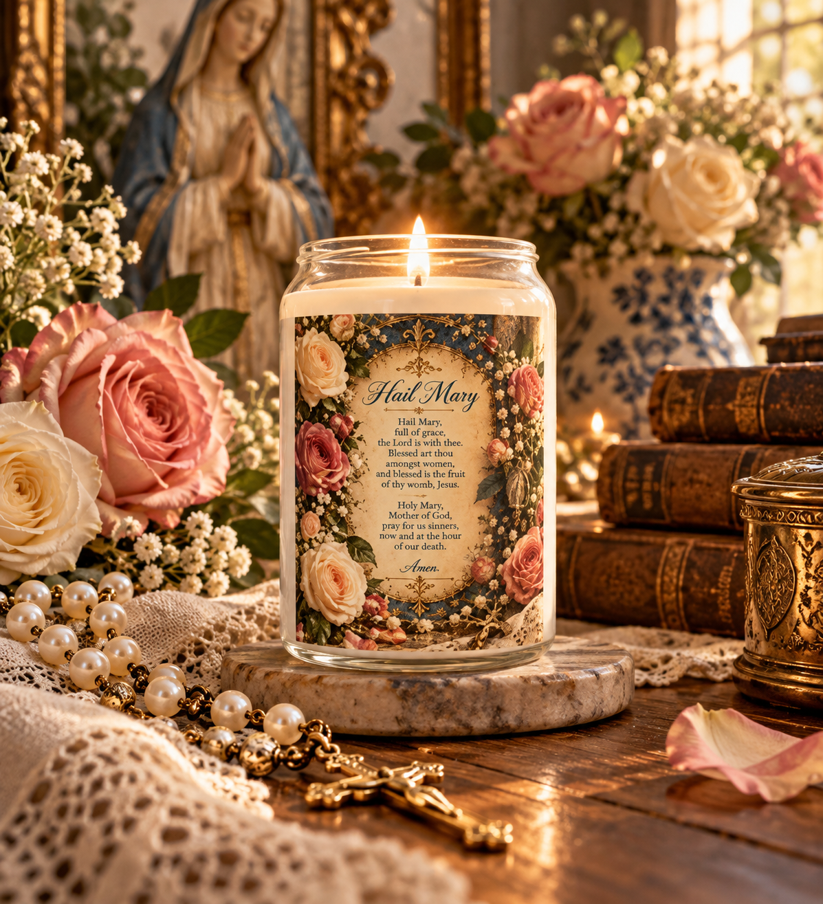 Hail Mary Prayer Soy Candle — 13.75oz Floral Devotional Candle