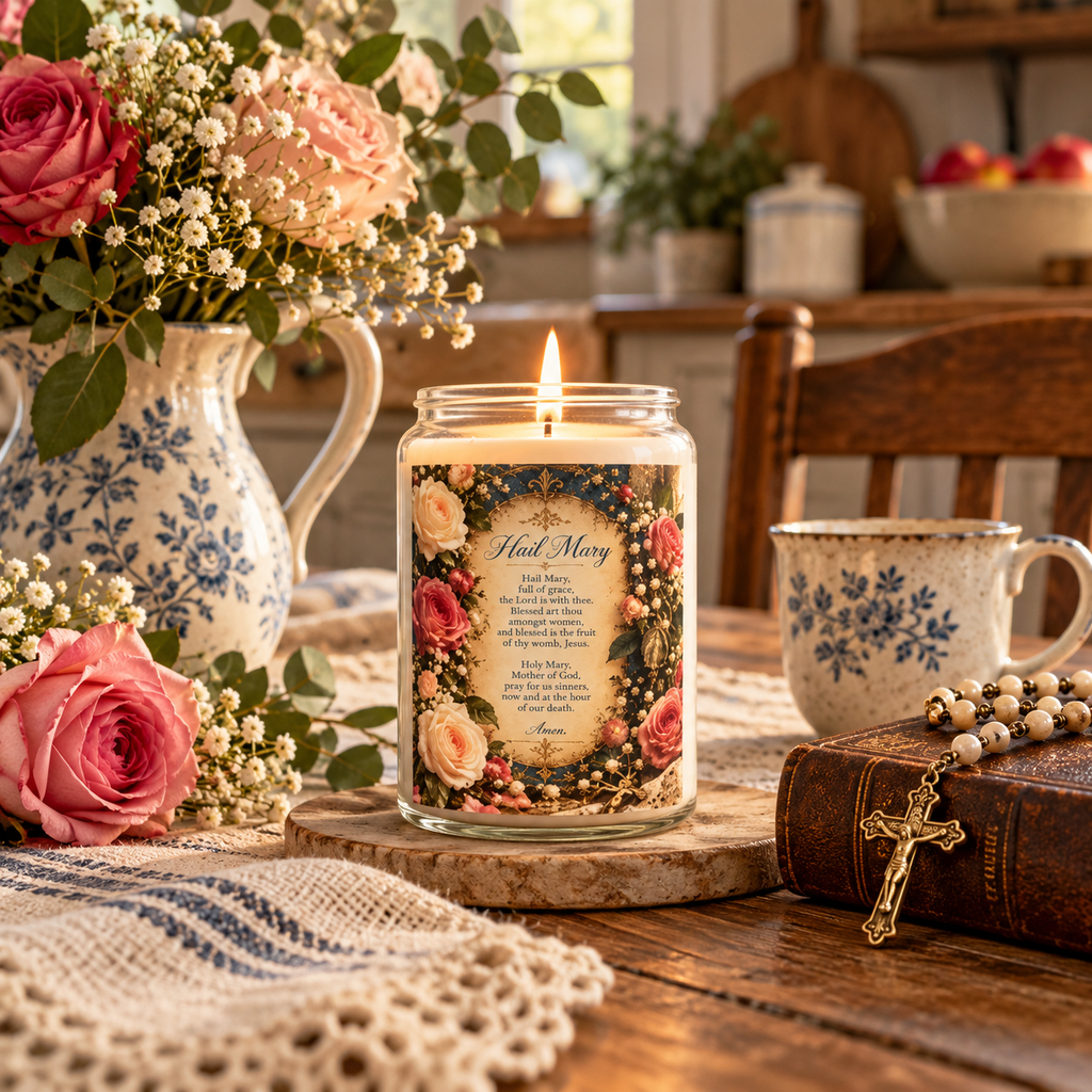Hail Mary Prayer Soy Candle — 13.75oz Floral Devotional Candle