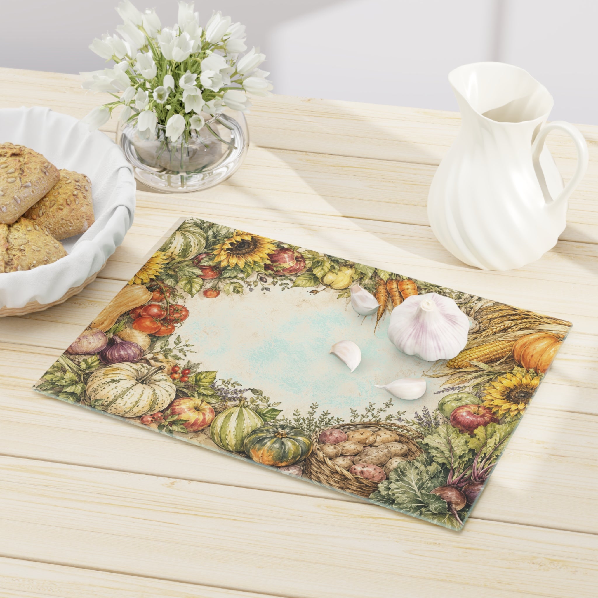 Autumn Harvest Cutting Board | Pumpkin Sunflower Vegetable Fall Kitchen