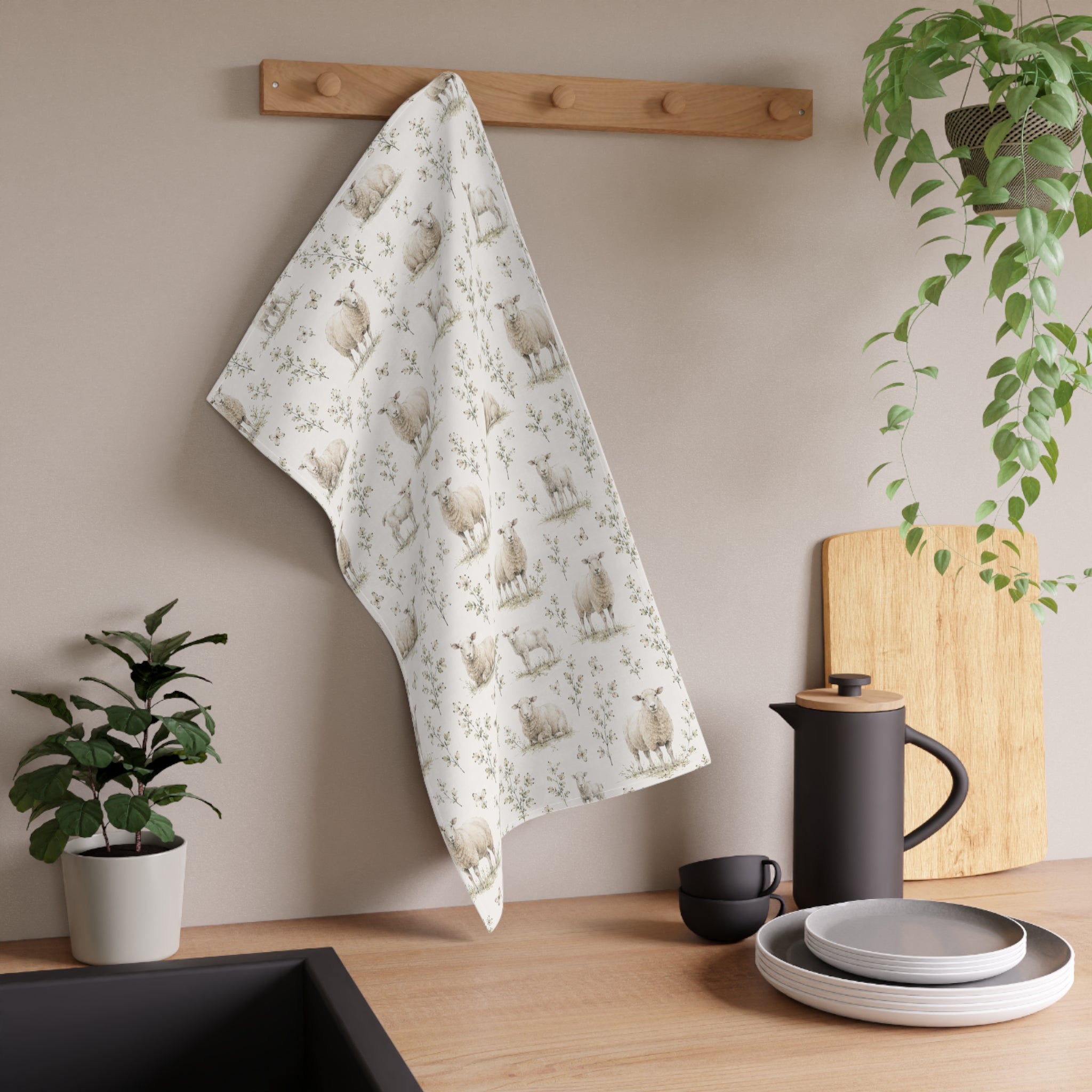 Sheep Meadow Tea Towel – Pencil Watercolor Farmhouse Kitchen Towel