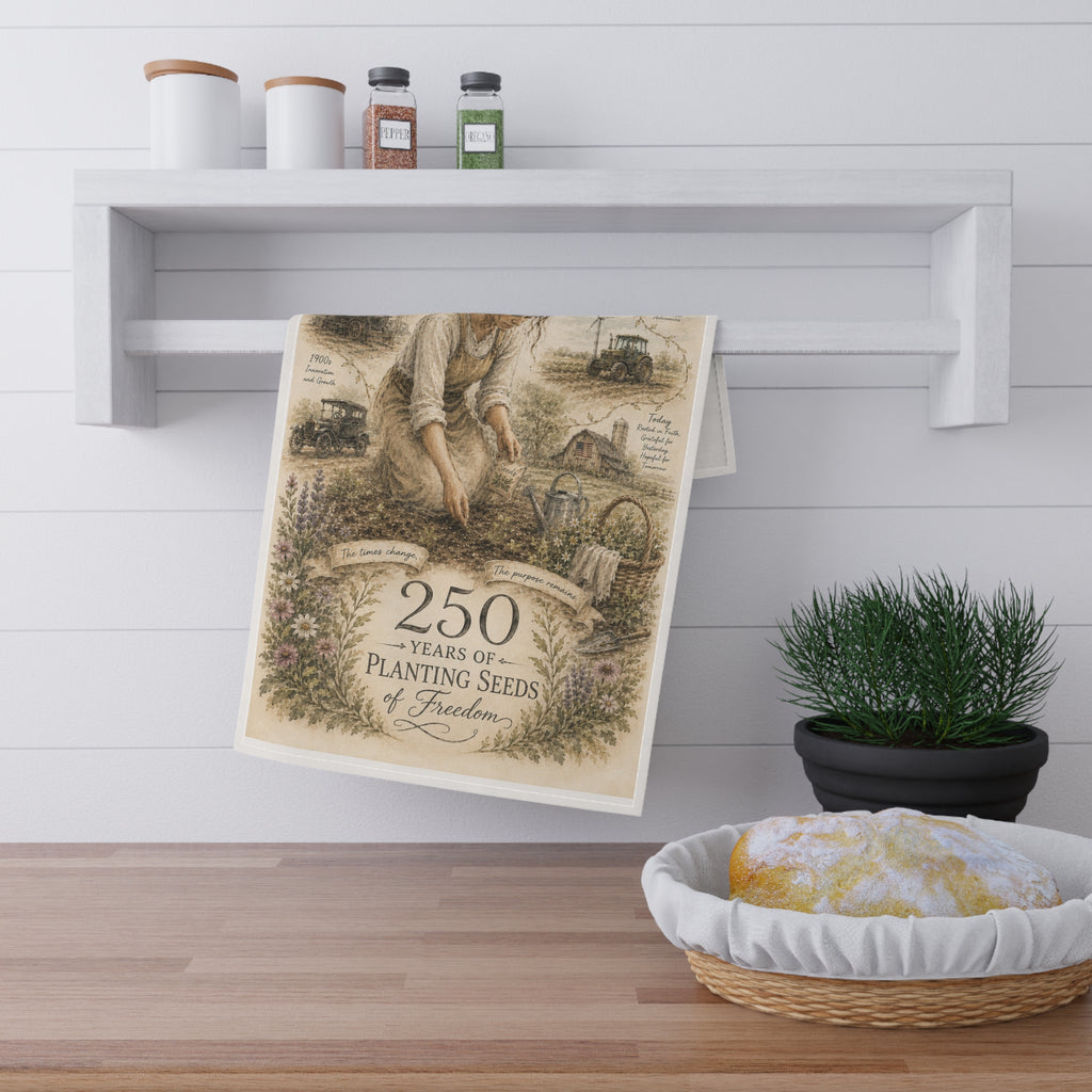 250 Years of Planting Seeds of Freedom Tea Towel | Historical Farming Illustration