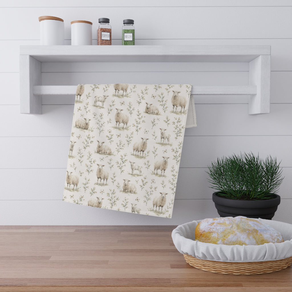 Sheep Meadow Tea Towel – Pencil Watercolor Farmhouse Kitchen Towel