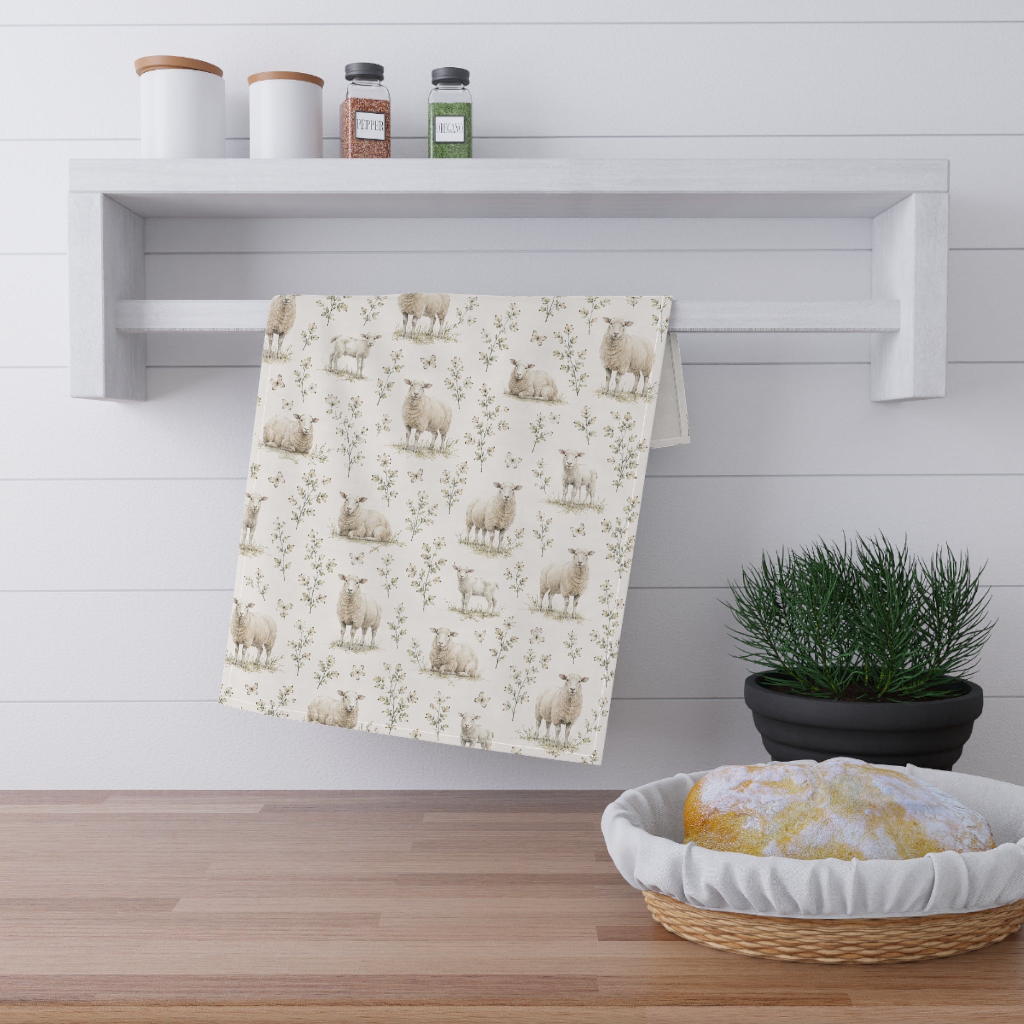 Sheep Meadow Tea Towel – Pencil Watercolor Farmhouse Kitchen Towel