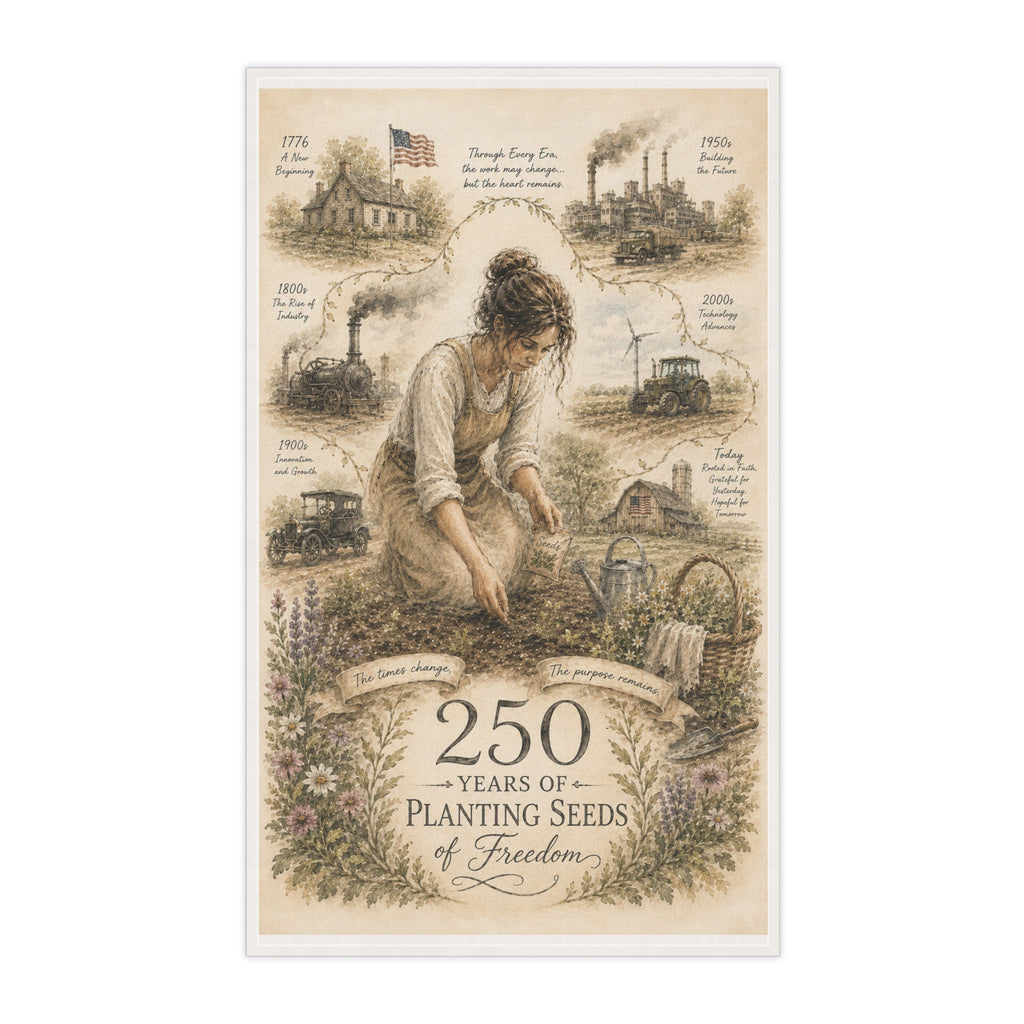 250 Years of Planting Seeds of Freedom Tea Towel | Historical Farming Illustration