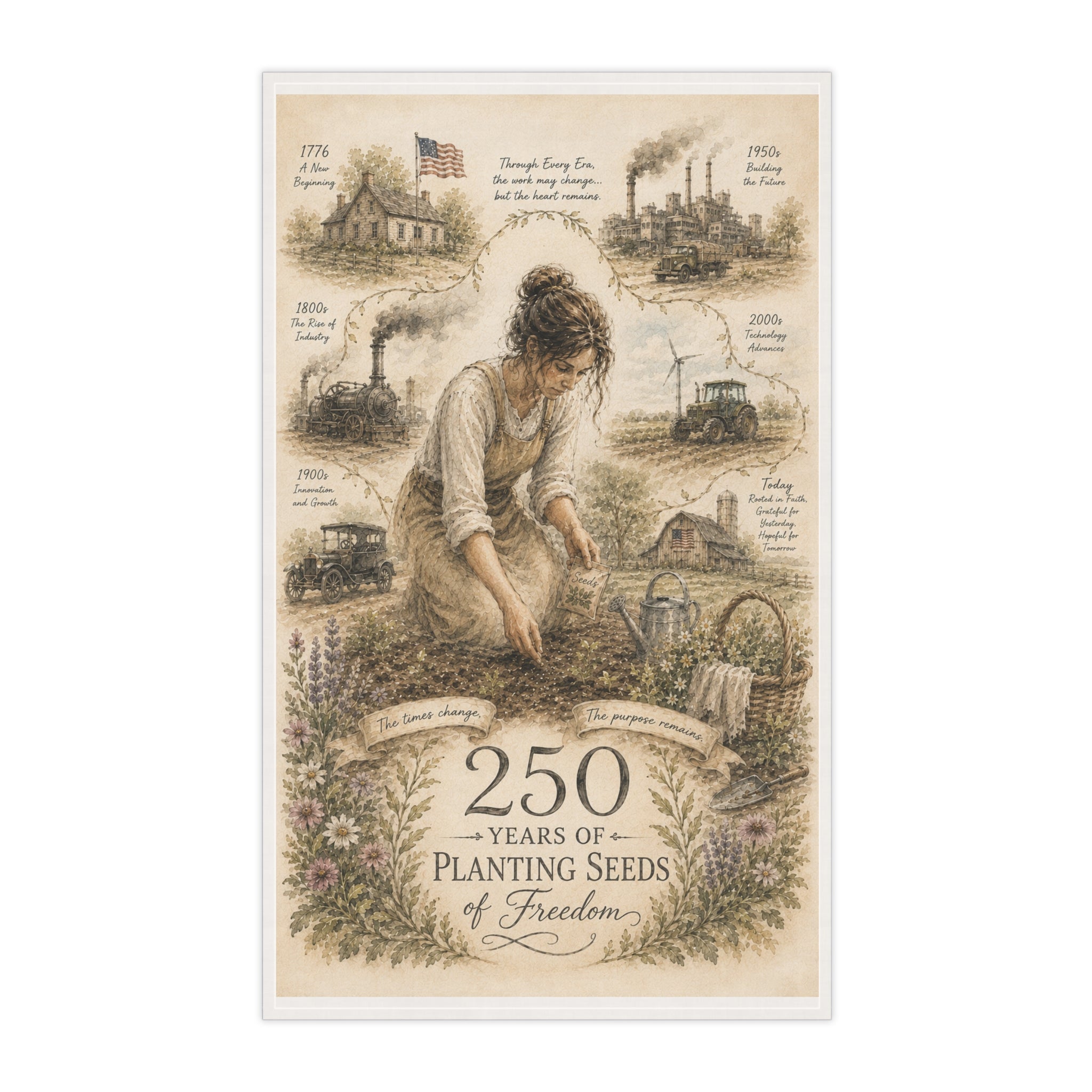 250 Years of Planting Seeds of Freedom Tea Towel | Historical Farming Illustration