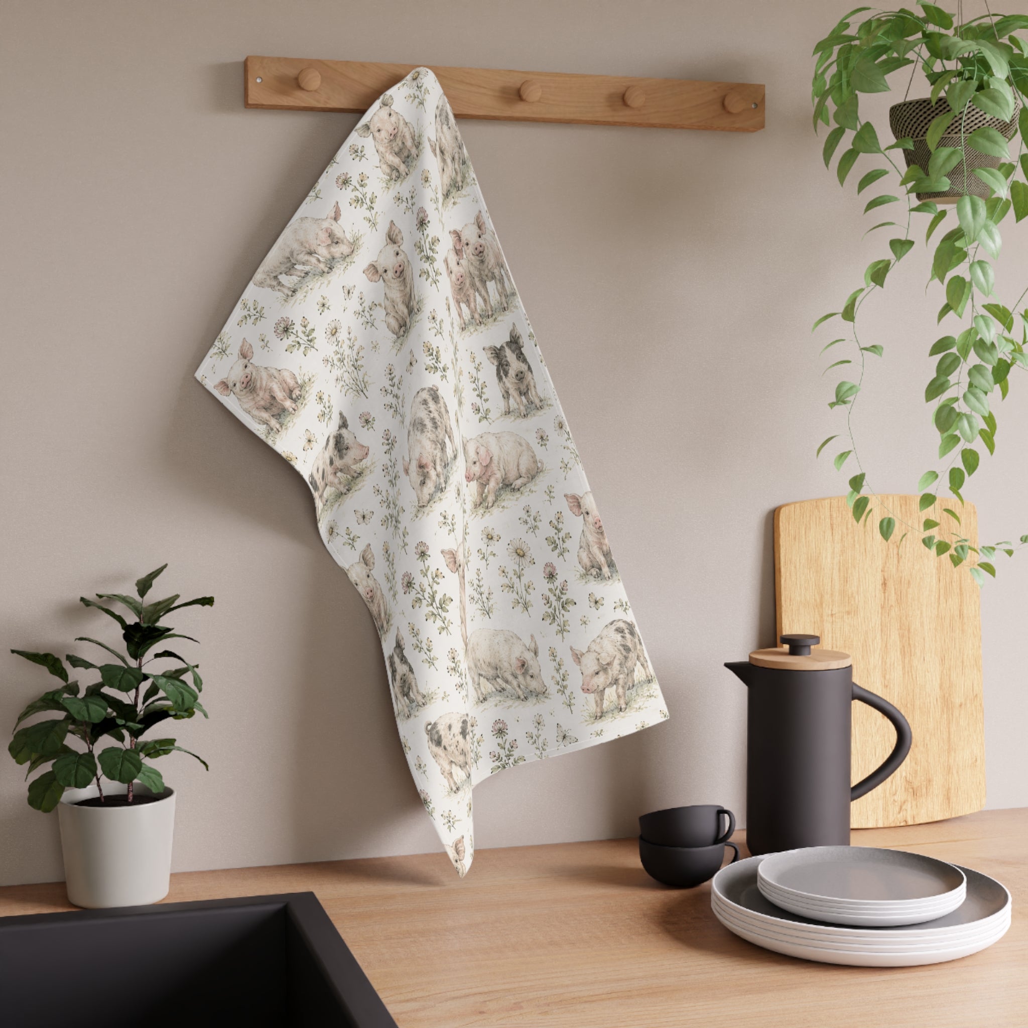 Piglet Pattern Cotton Tea Towel — Farmhouse Kitchen Decor