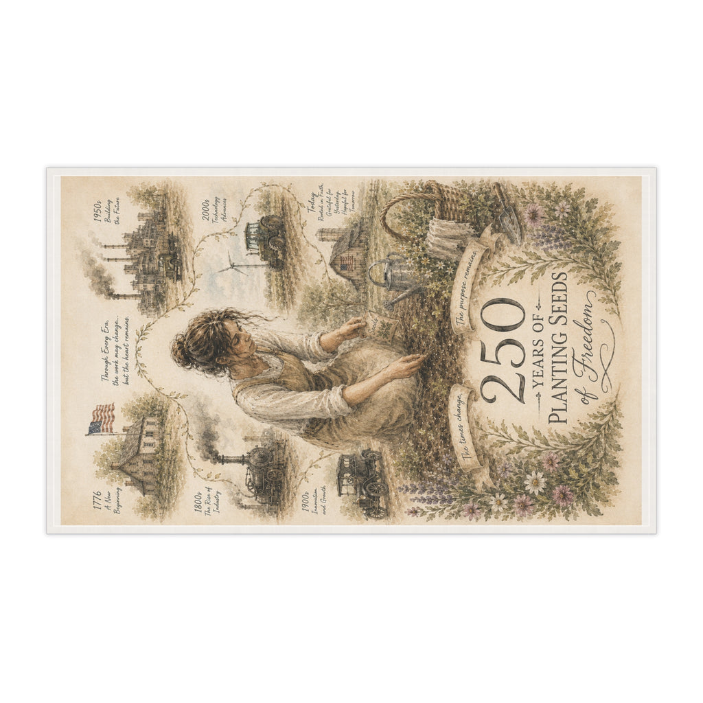 250 Years of Planting Seeds of Freedom Tea Towel | Historical Farming Illustration