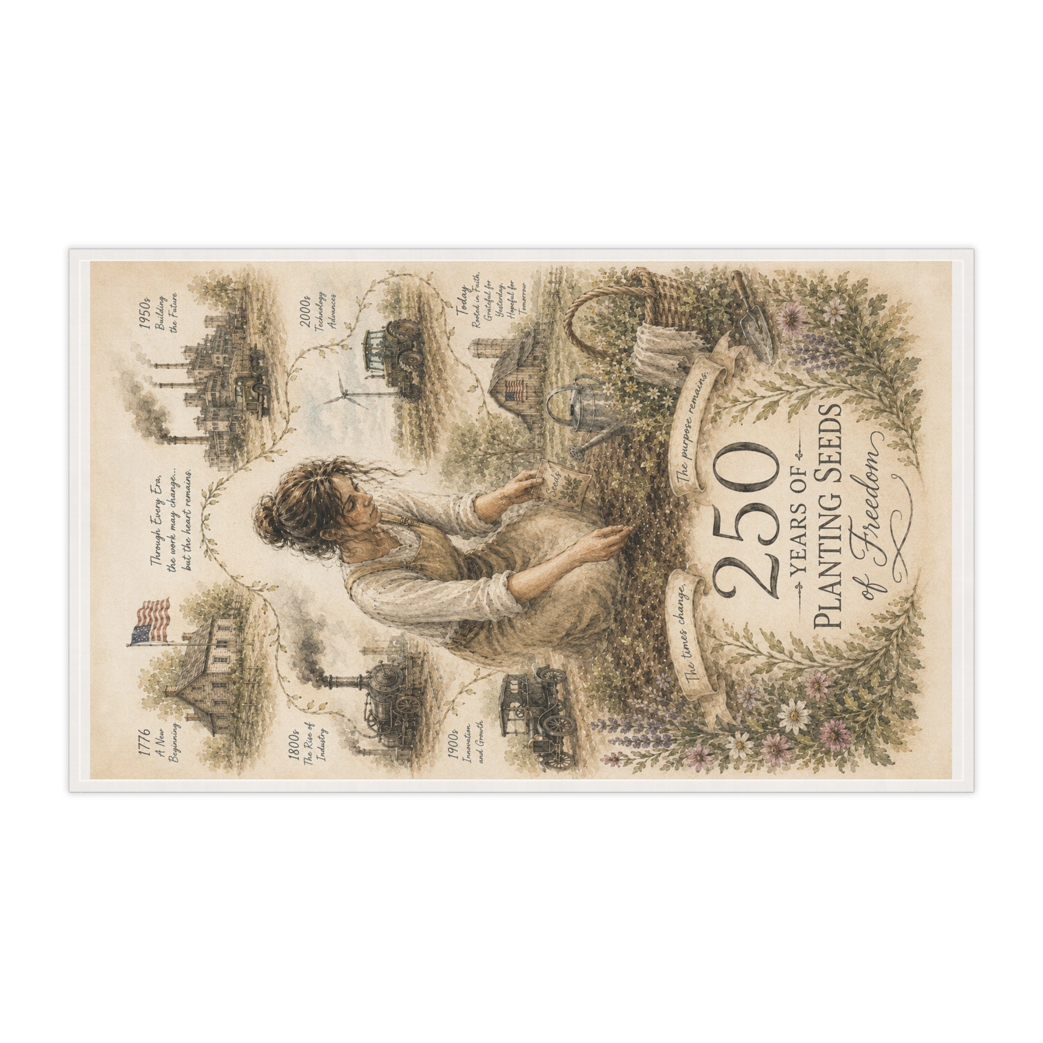 250 Years of Planting Seeds of Freedom Tea Towel | Historical Farming Illustration