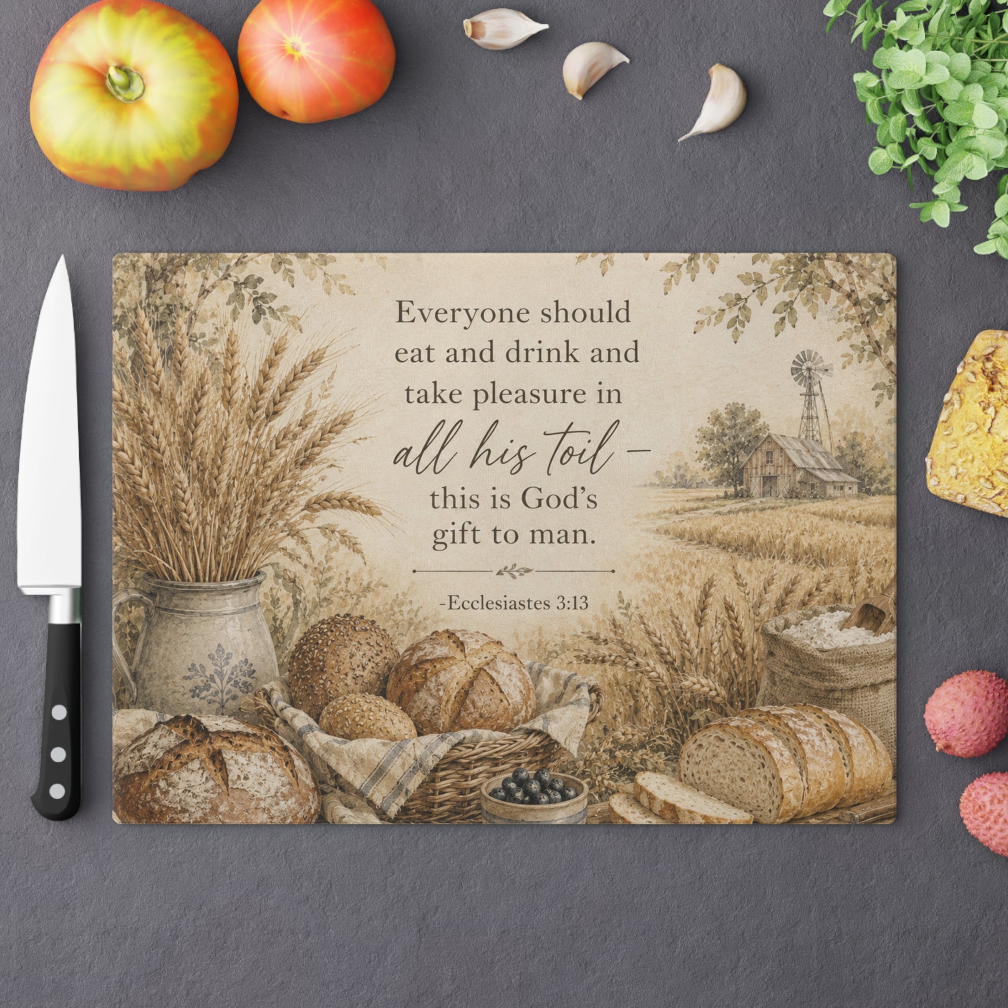 Rustic Bread & Harvest Cutting Board — Ecclesiastes 3:13 Scripture