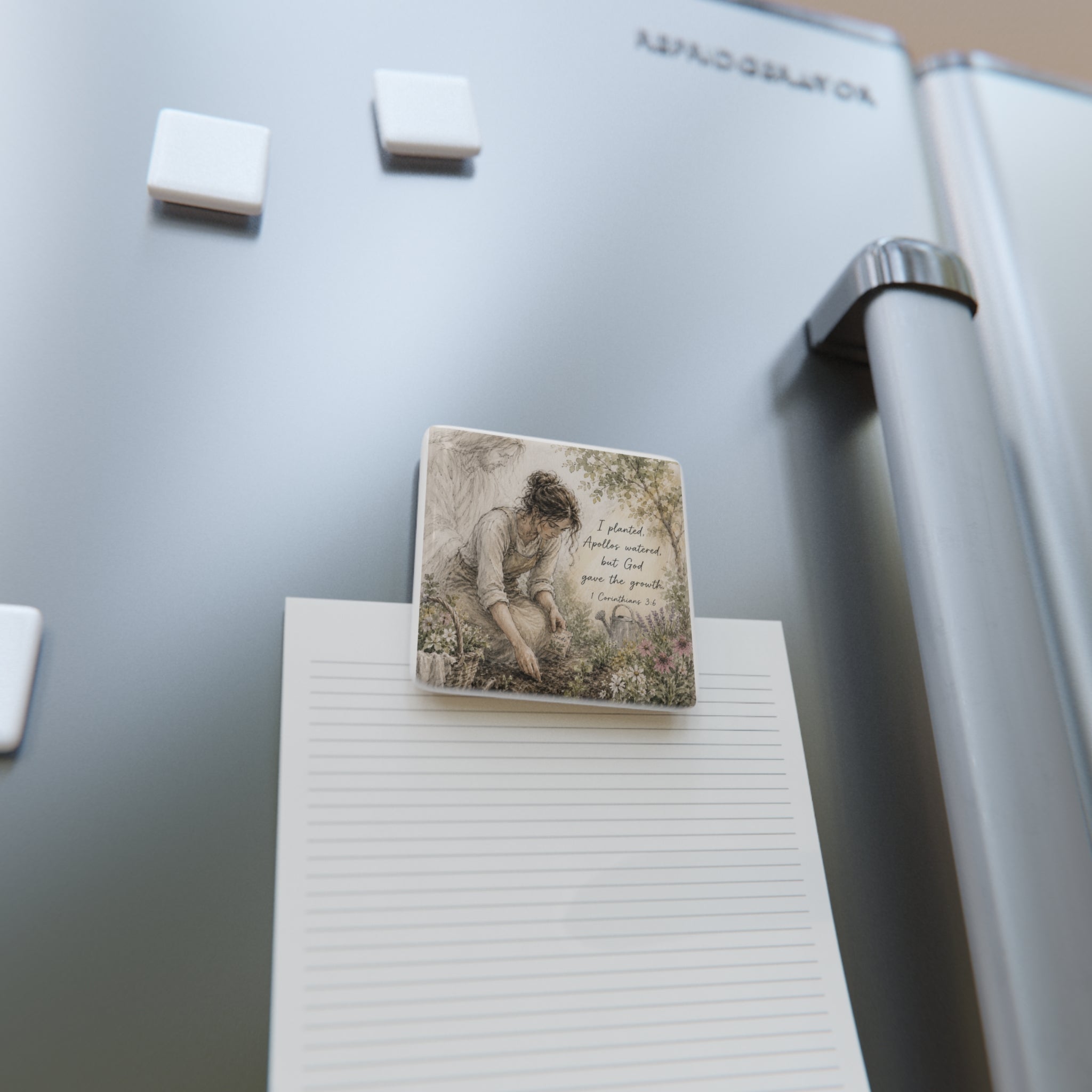 Gardening with God Porcelain Magnet | Square Christian Scripture Art