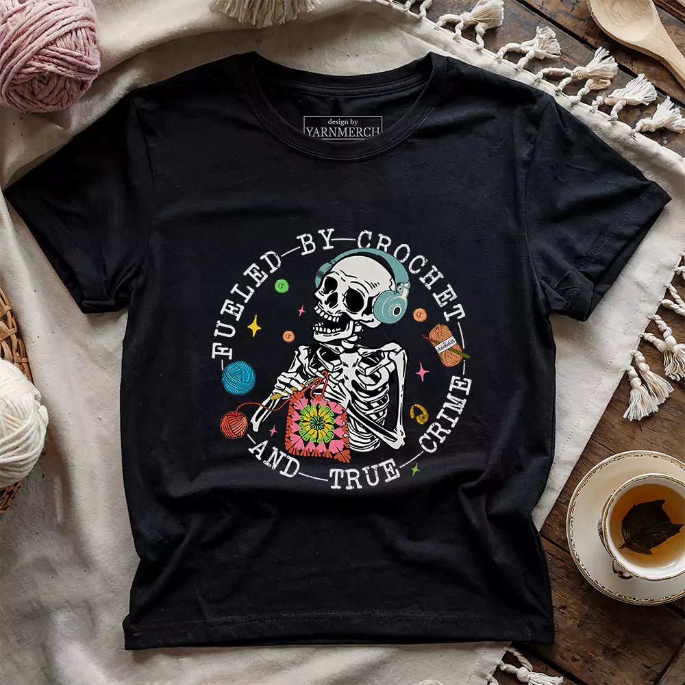 Crochet & True Crime Funny T-Shirt – Gift for Crocheters & Podcast Lovers