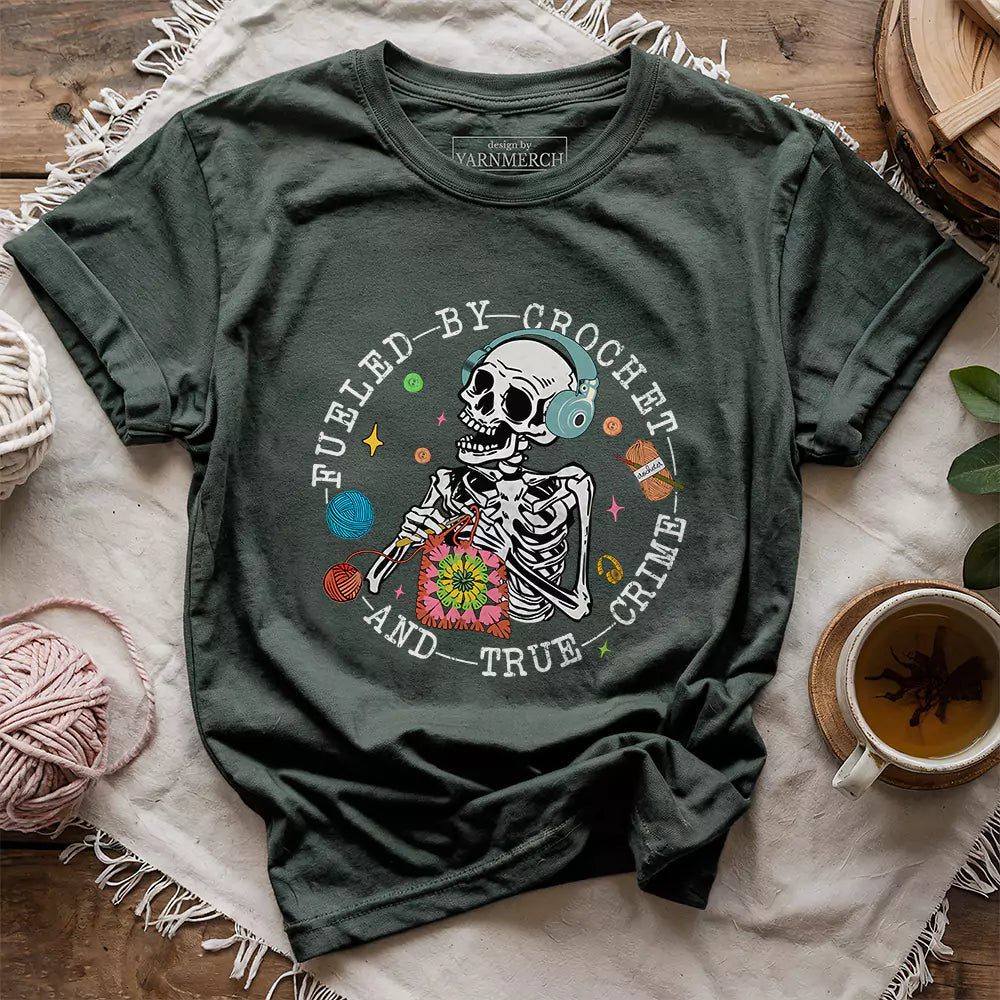 Crochet & True Crime Funny T-Shirt – Gift for Crocheters & Podcast Lovers